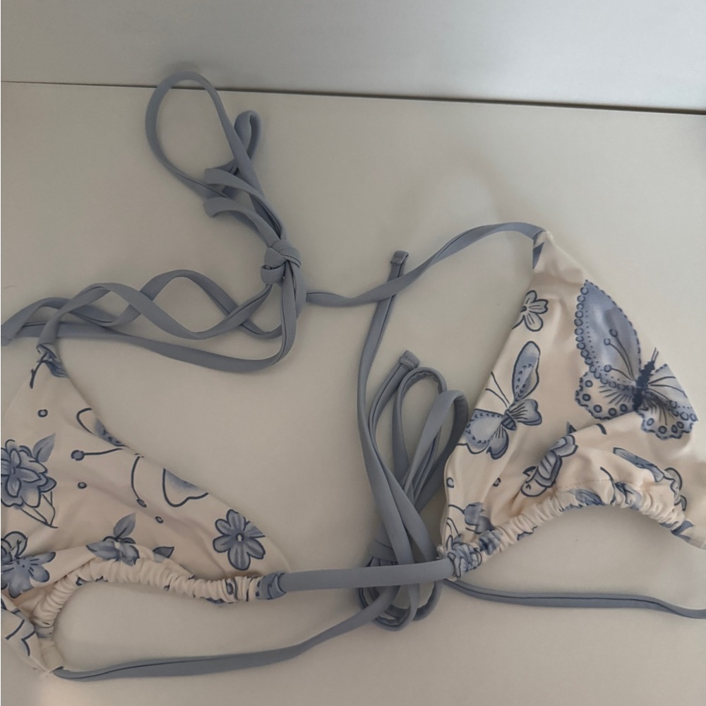 Frankie's Bikinis Cream and Blue Bikini Top and Bottoms